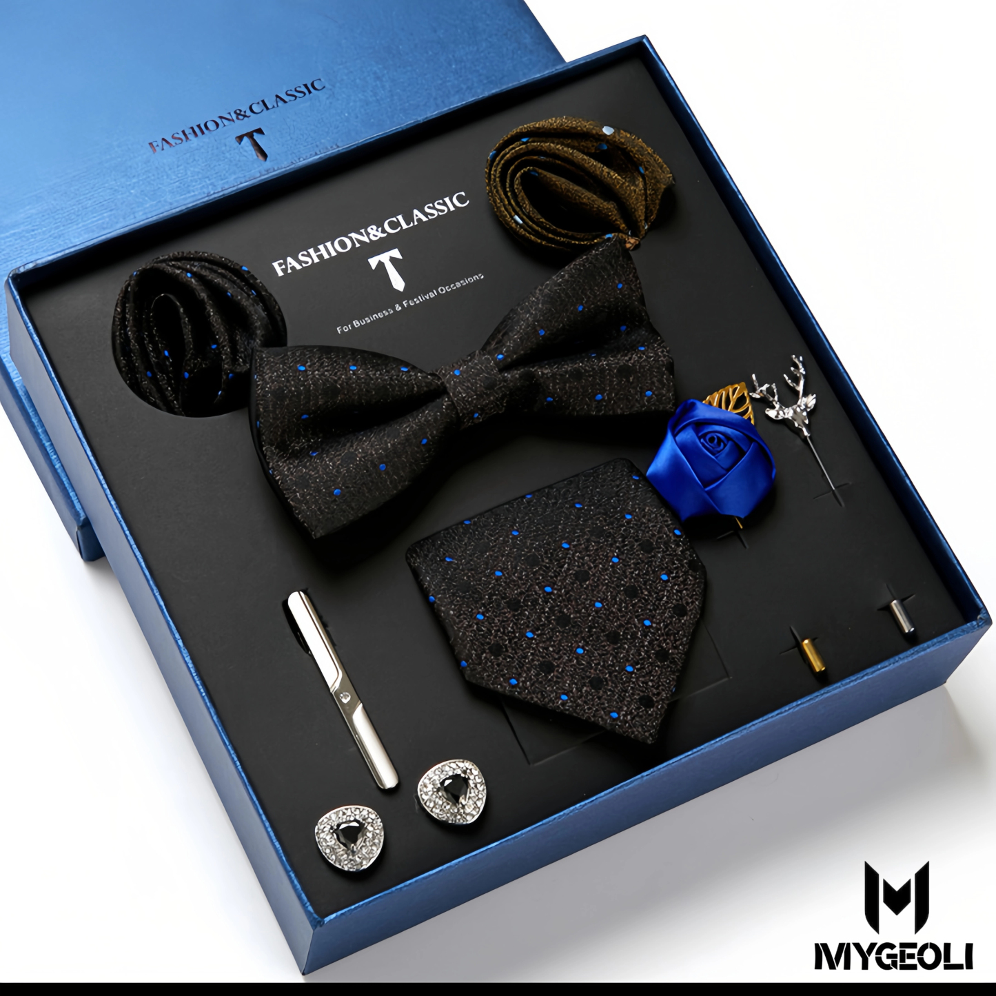 Fashion business tie and square scarf set (1 tie, 1 bow tie, 2 square scarf, 1 pair of cufflinks, 1 tie clip, 2 brooches, blue gift box)