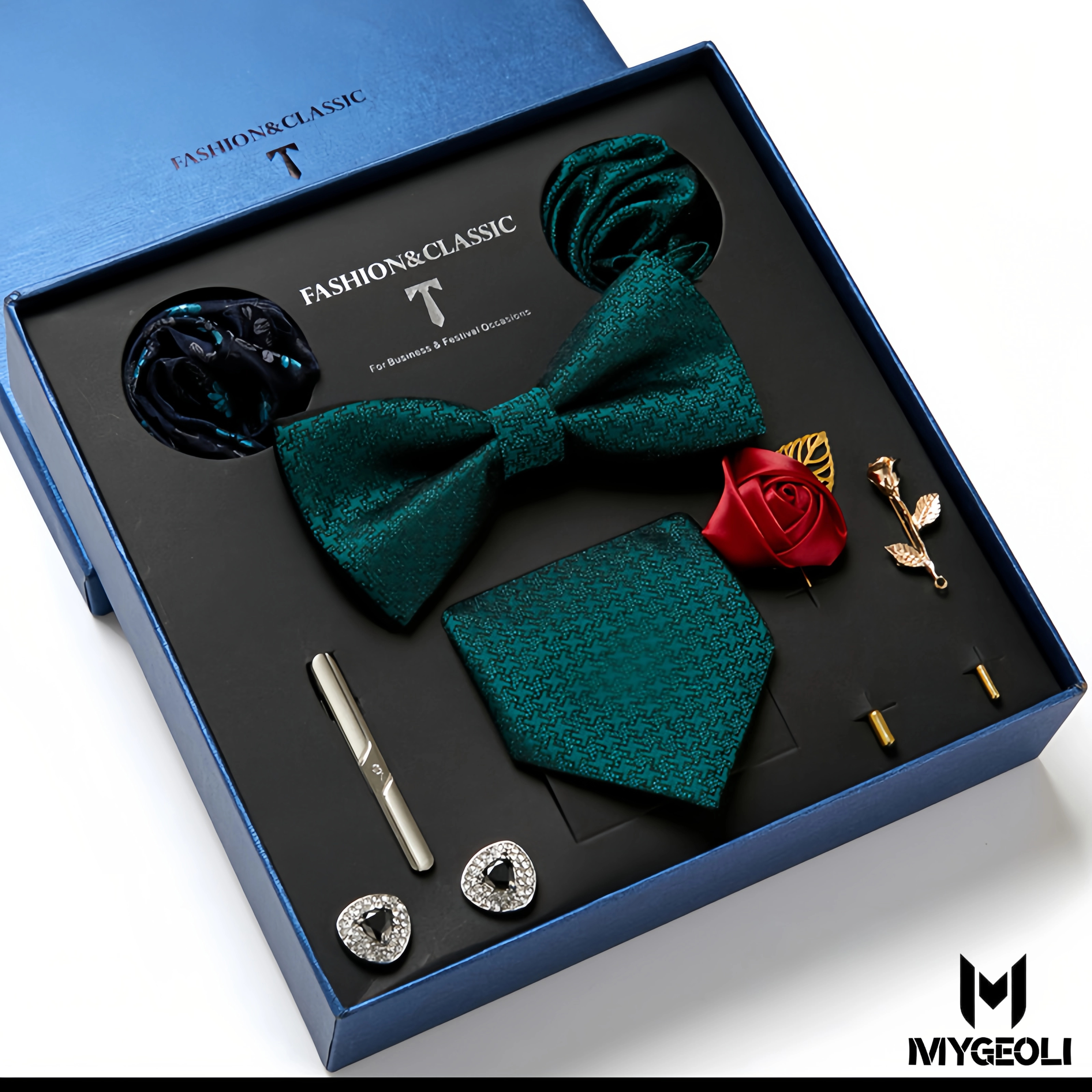Fashion business tie and square scarf set (1 tie, 1 bow tie, 2 square scarf, 1 pair of cufflinks, 1 tie clip, 2 brooches, blue gift box)
