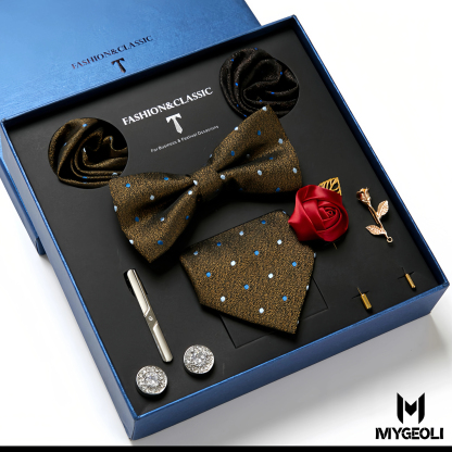 Fashion business tie and square scarf set (1 tie, 1 bow tie, 2 square scarf, 1 pair of cufflinks, 1 tie clip, 2 brooches, blue gift box)