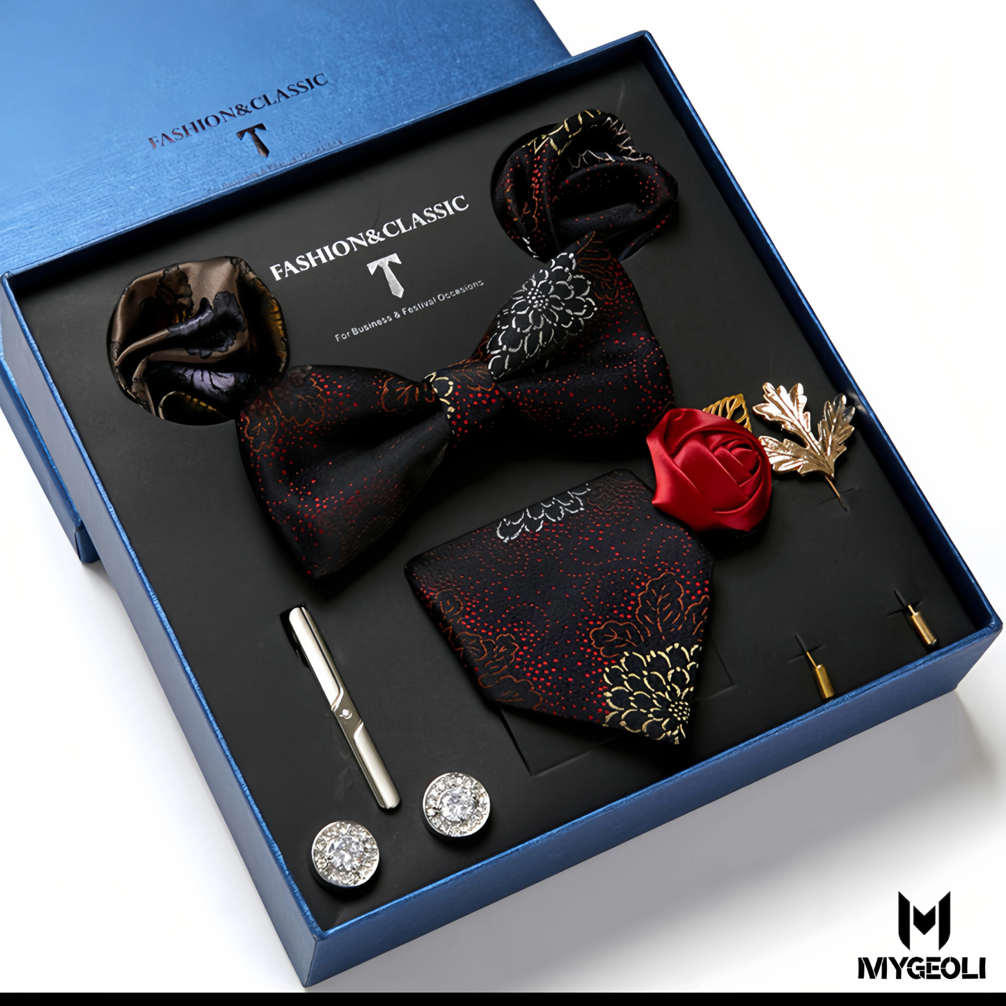 Fashion business tie and square scarf set (1 tie, 1 bow tie, 2 square scarf, 1 pair of cufflinks, 1 tie clip, 2 brooches, blue gift box)