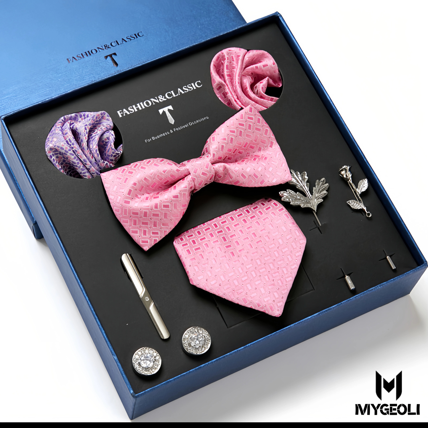 Fashion business tie and square scarf set (1 tie, 1 bow tie, 2 square scarf, 1 pair of cufflinks, 1 tie clip, 2 brooches, blue gift box)