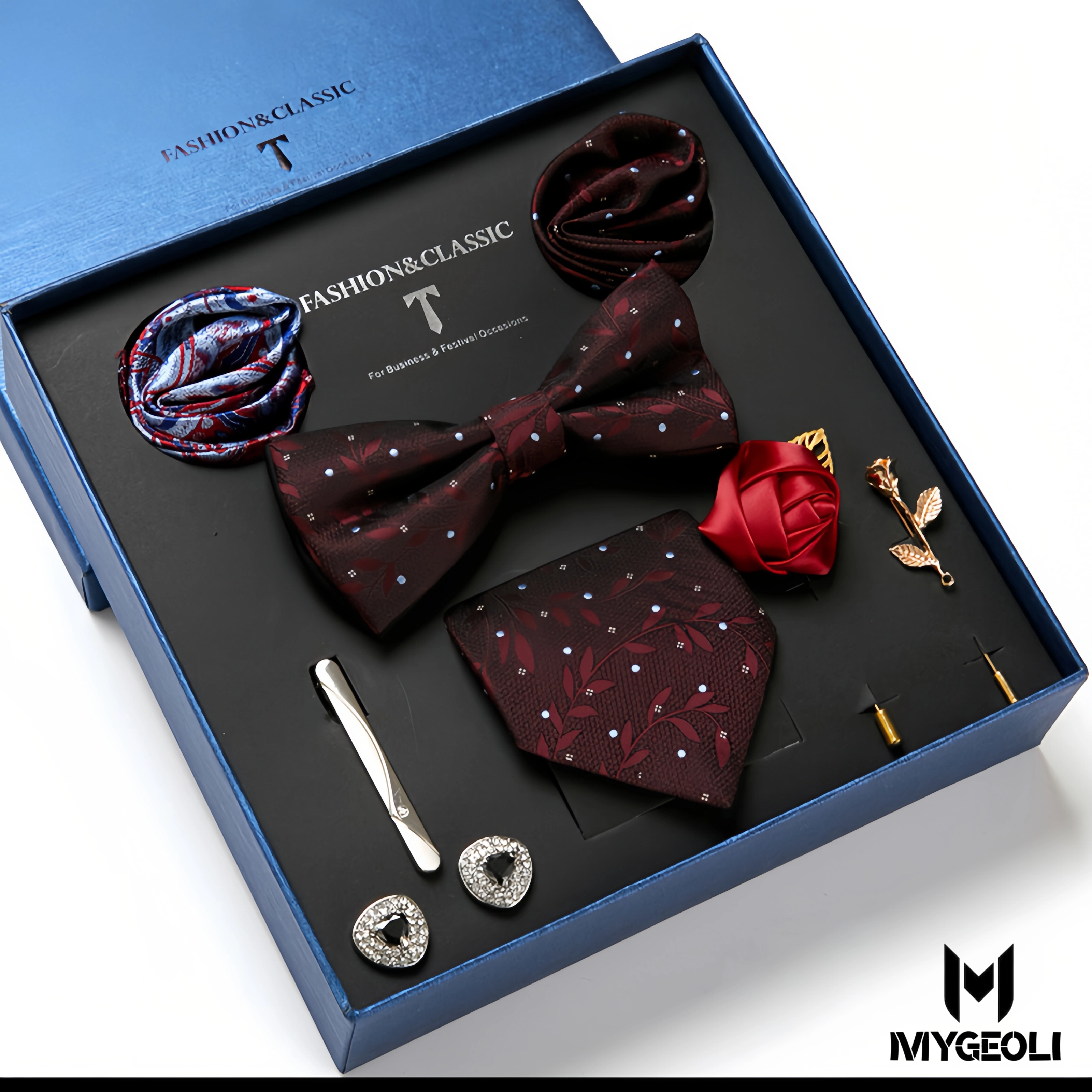 Fashion business tie and square scarf set (1 tie, 1 bow tie, 2 square scarf, 1 pair of cufflinks, 1 tie clip, 2 brooches, blue gift box)