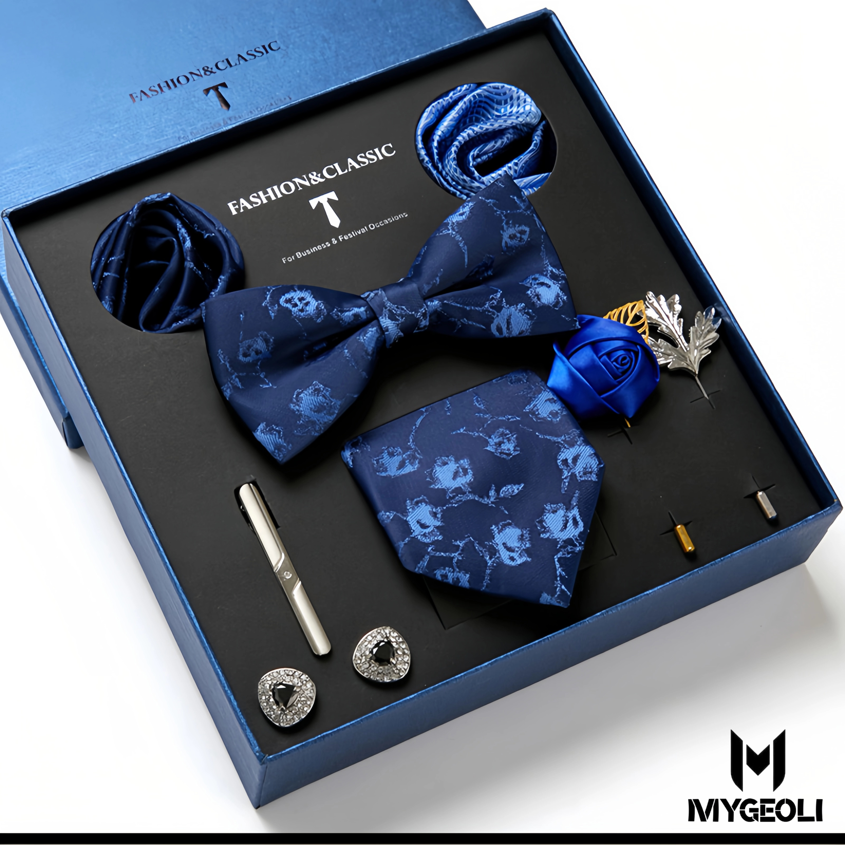 Fashion business tie and square scarf set (1 tie, 1 bow tie, 2 square scarf, 1 pair of cufflinks, 1 tie clip, 2 brooches, blue gift box)