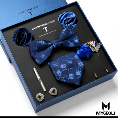 Fashion business tie and square scarf set (1 tie, 1 bow tie, 2 square scarf, 1 pair of cufflinks, 1 tie clip, 2 brooches, blue gift box)