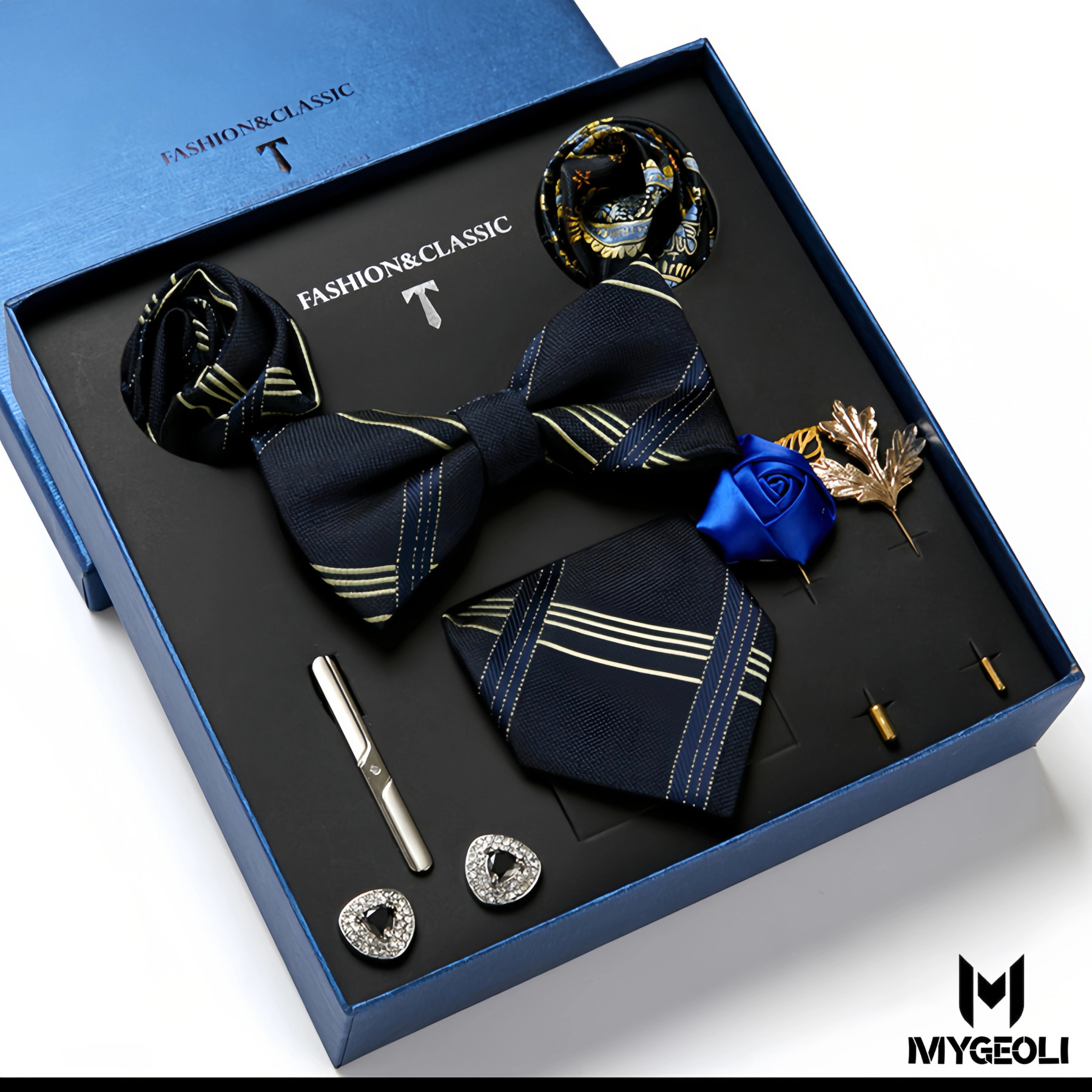 Fashion business tie and square scarf set (1 tie, 1 bow tie, 2 square scarf, 1 pair of cufflinks, 1 tie clip, 2 brooches, blue gift box)
