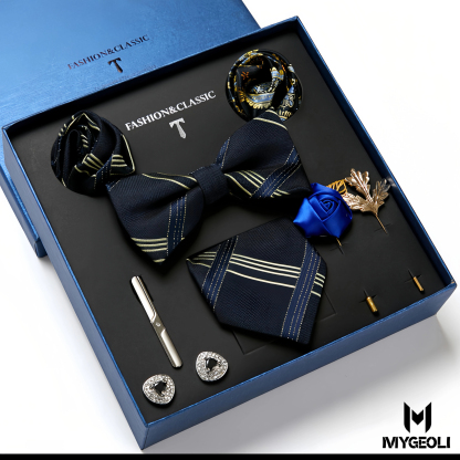 Fashion business tie and square scarf set (1 tie, 1 bow tie, 2 square scarf, 1 pair of cufflinks, 1 tie clip, 2 brooches, blue gift box)