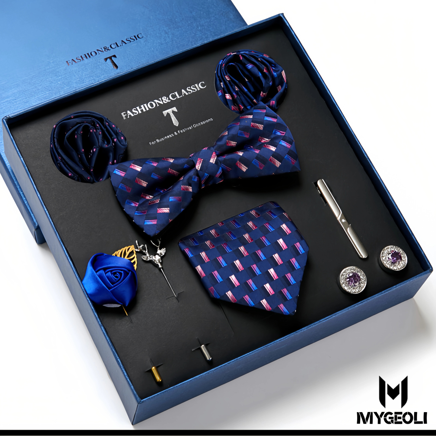 Fashion business tie and square scarf set (1 tie, 1 bow tie, 2 square scarf, 1 pair of cufflinks, 1 tie clip, 2 brooches, blue gift box)