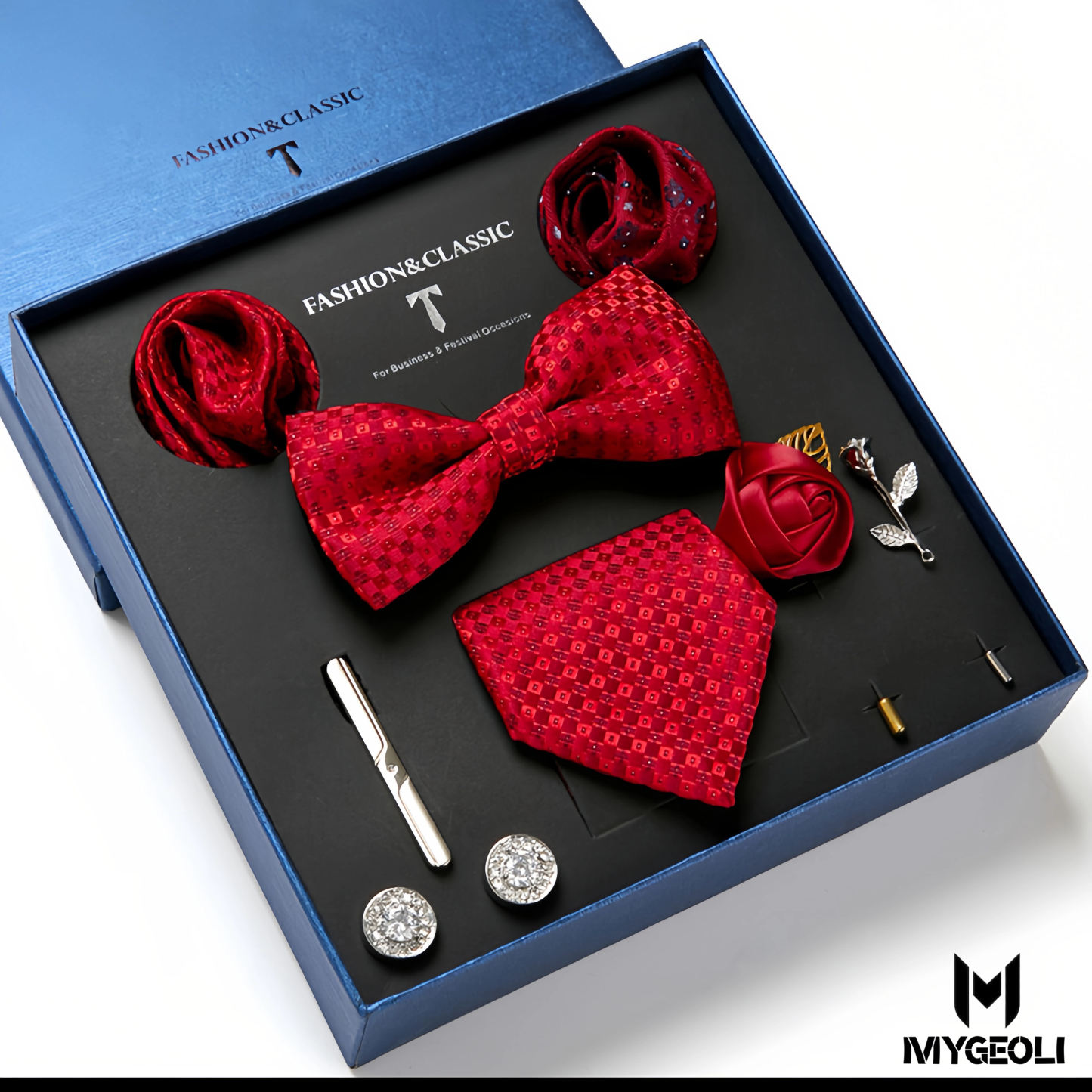 Fashion business tie and square scarf set (1 tie, 1 bow tie, 2 square scarf, 1 pair of cufflinks, 1 tie clip, 2 brooches, blue gift box)