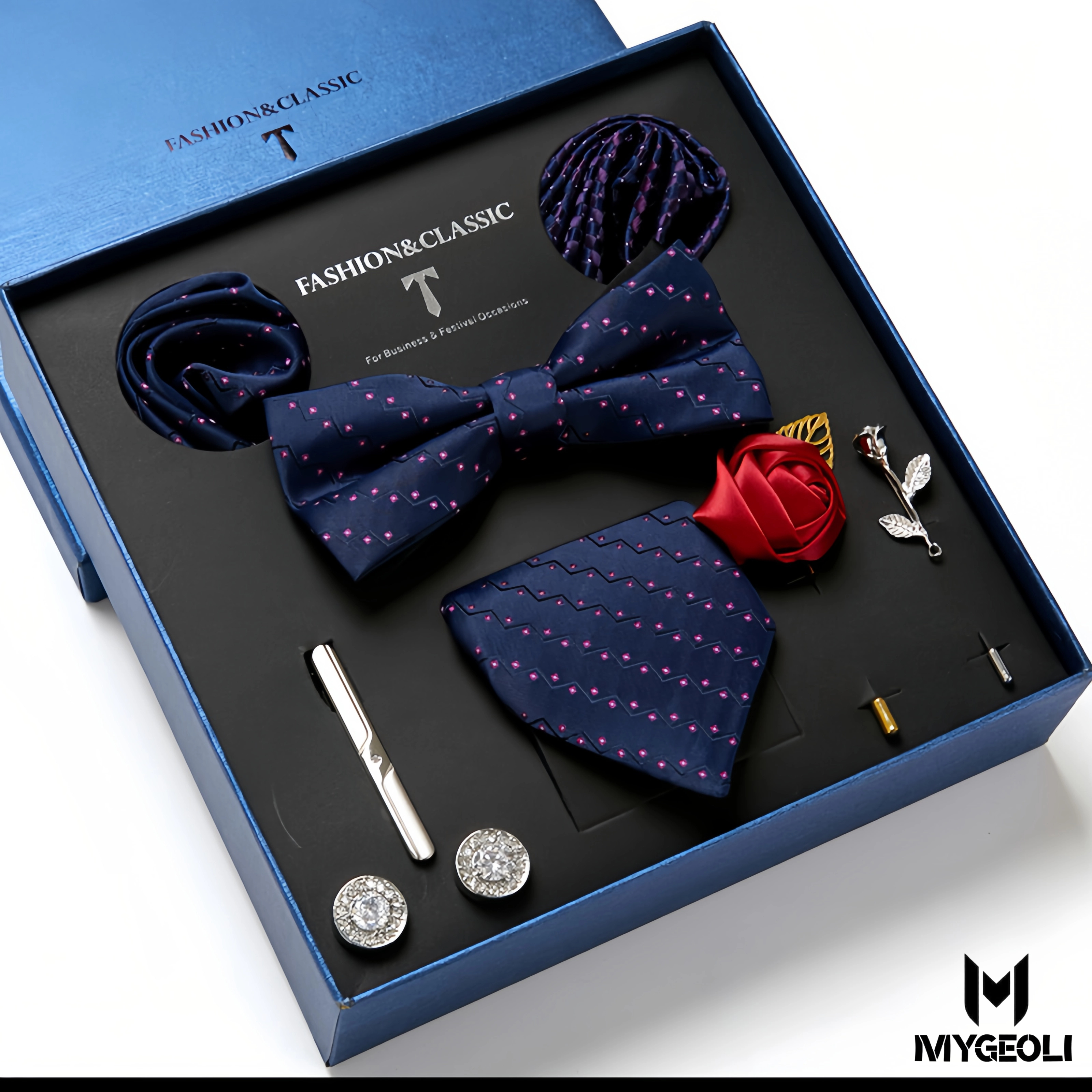 Fashion business tie and square scarf set (1 tie, 1 bow tie, 2 square scarf, 1 pair of cufflinks, 1 tie clip, 2 brooches, blue gift box)