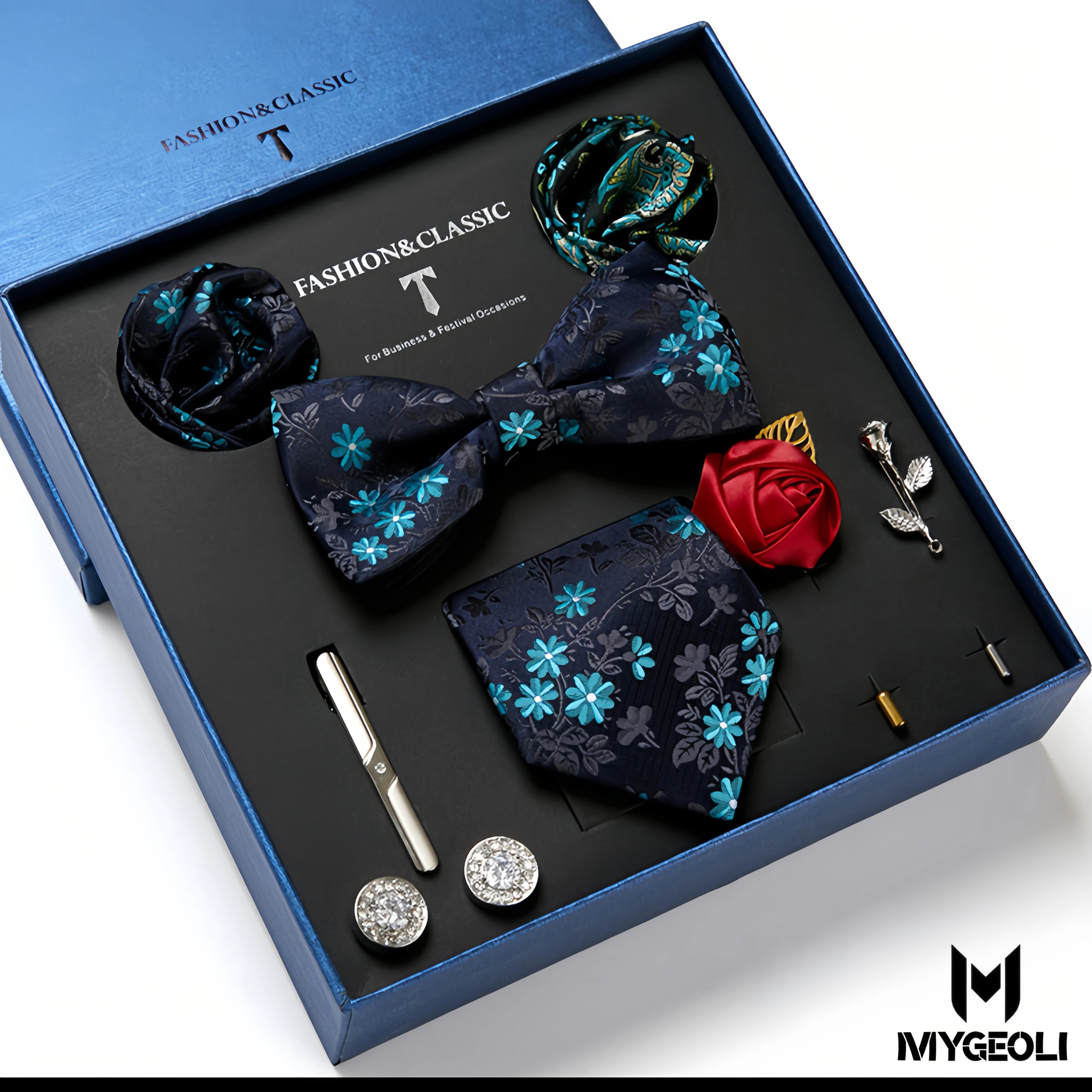 Fashion business tie and square scarf set (1 tie, 1 bow tie, 2 square scarf, 1 pair of cufflinks, 1 tie clip, 2 brooches, blue gift box)
