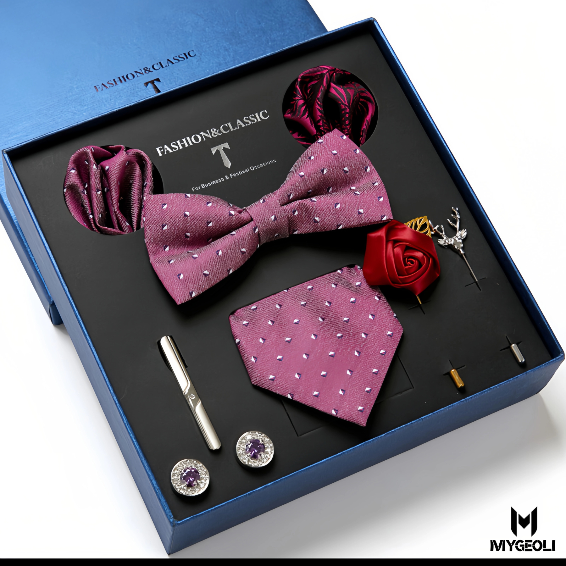 Fashion business tie and square scarf set (1 tie, 1 bow tie, 2 square scarf, 1 pair of cufflinks, 1 tie clip, 2 brooches, blue gift box)