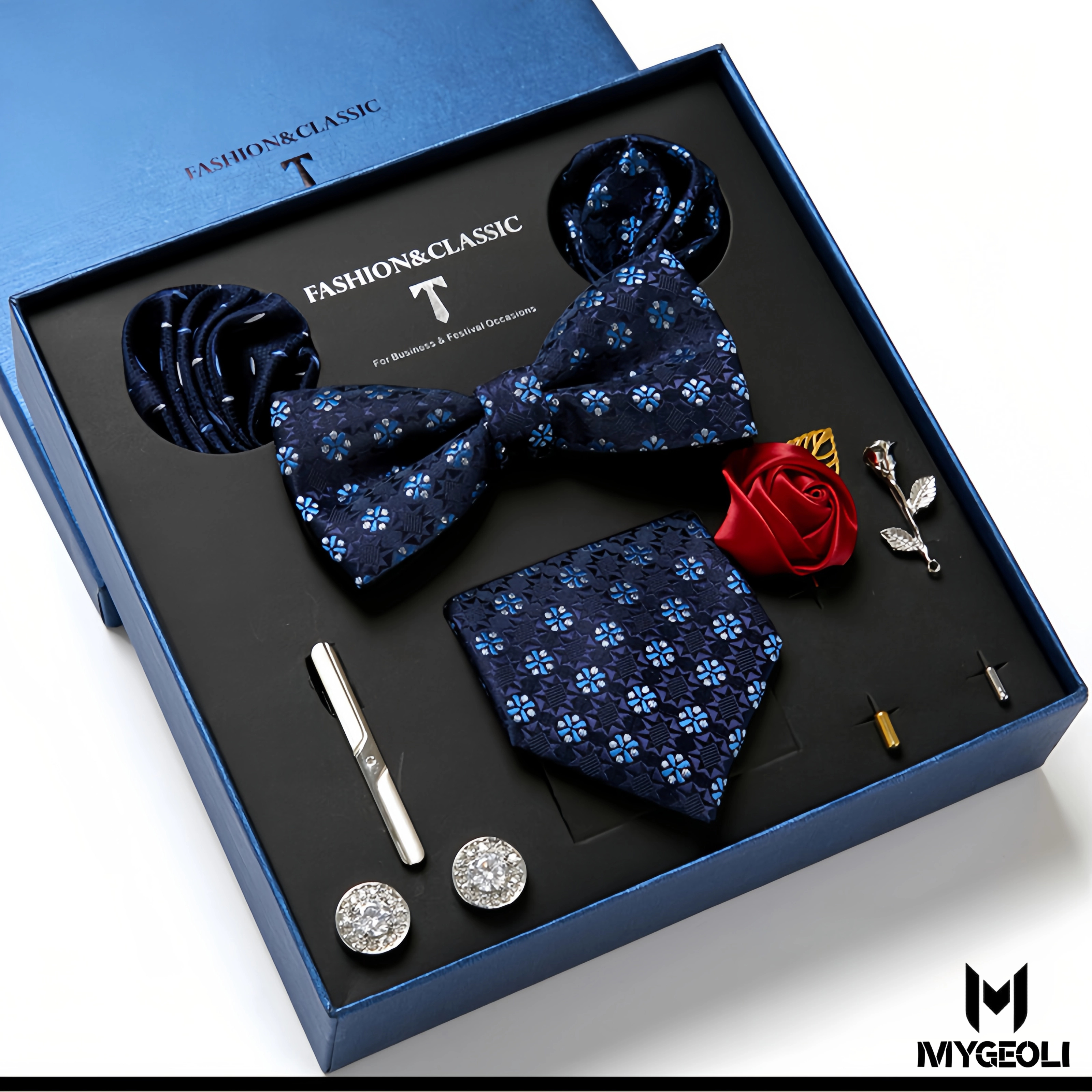 Fashion business tie and square scarf set (1 tie, 1 bow tie, 2 square scarf, 1 pair of cufflinks, 1 tie clip, 2 brooches, blue gift box)