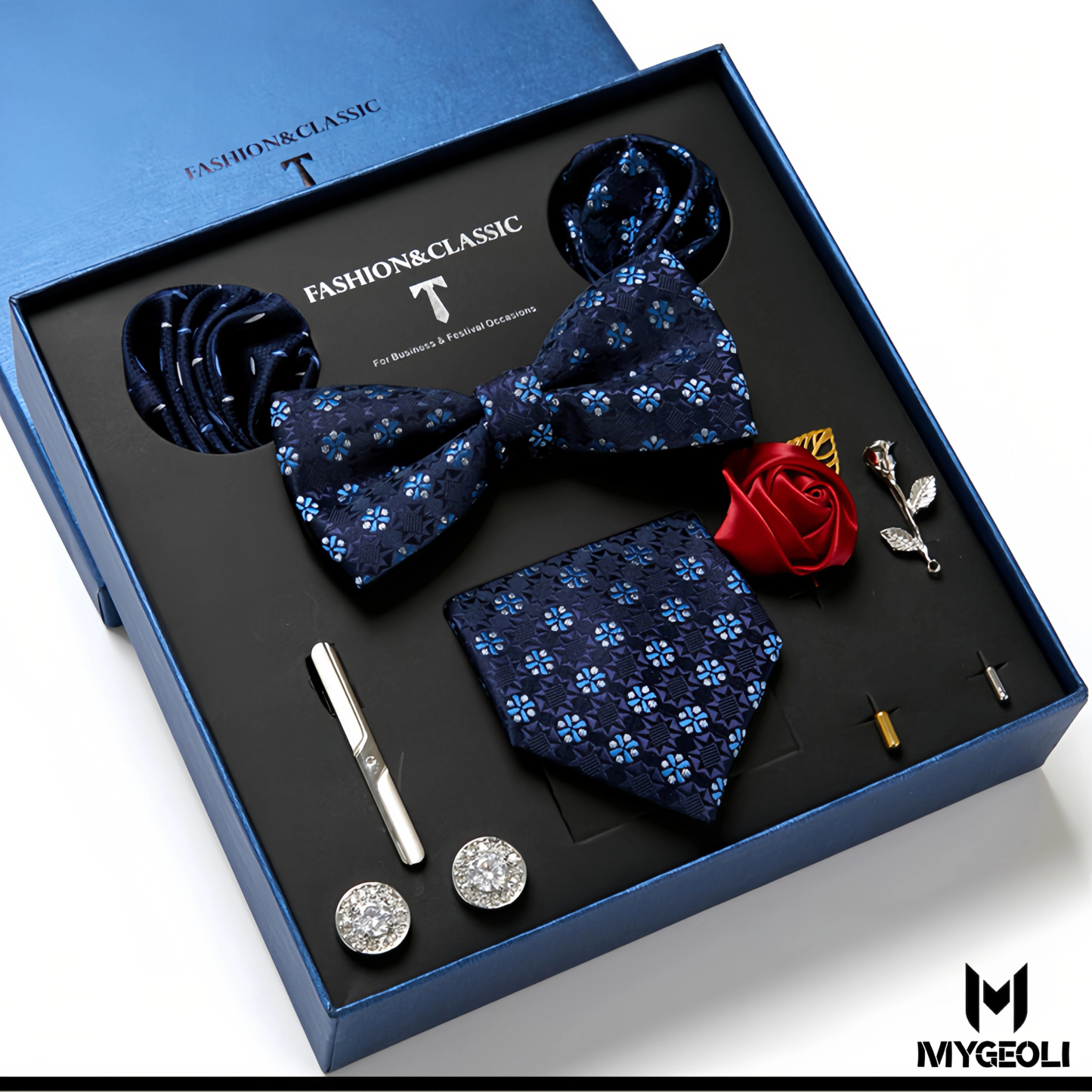 Fashion business tie and square scarf set (1 tie, 1 bow tie, 2 square scarf, 1 pair of cufflinks, 1 tie clip, 2 brooches, blue gift box)