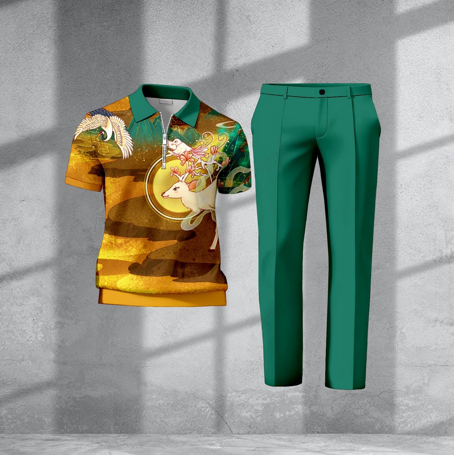Men's Casual Dark Green Deer Printed Polo Short-Sleeve Zip-Up Top And Pants Two-Piece Set