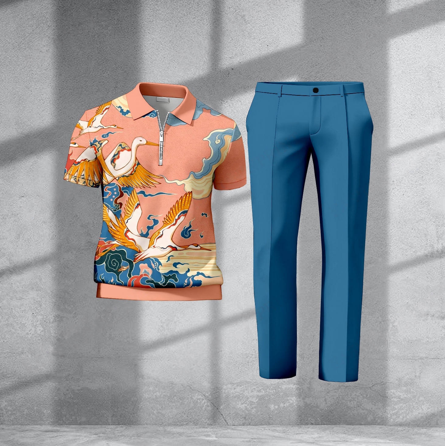 Men's Casual Orange Crane Printed Polo Short-Sleeve Zip-Up Top And Pants Two-Piece Set