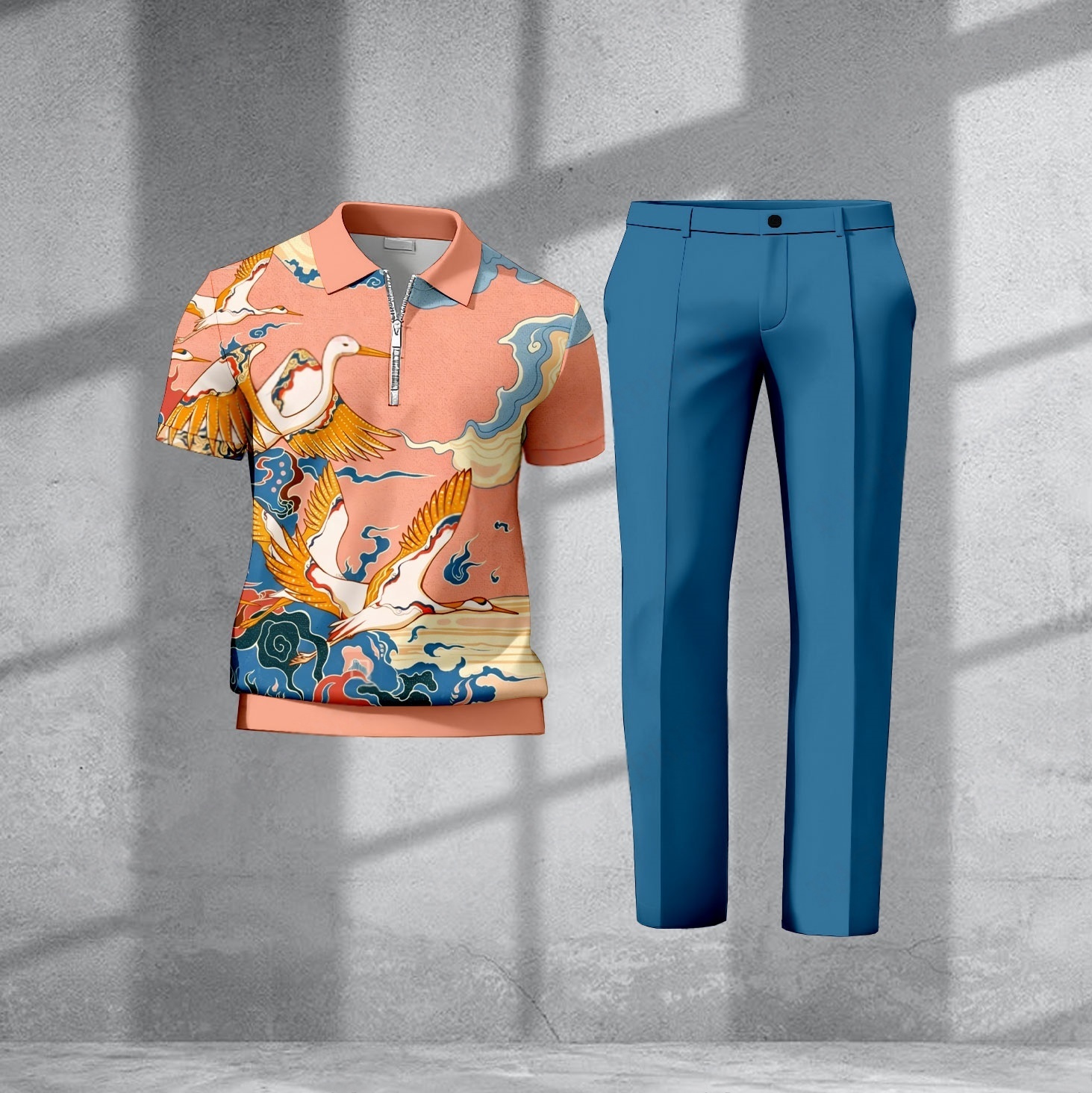 Men's Casual Orange Crane Printed Polo Short-Sleeve Zip-Up Top And Pants Two-Piece Set