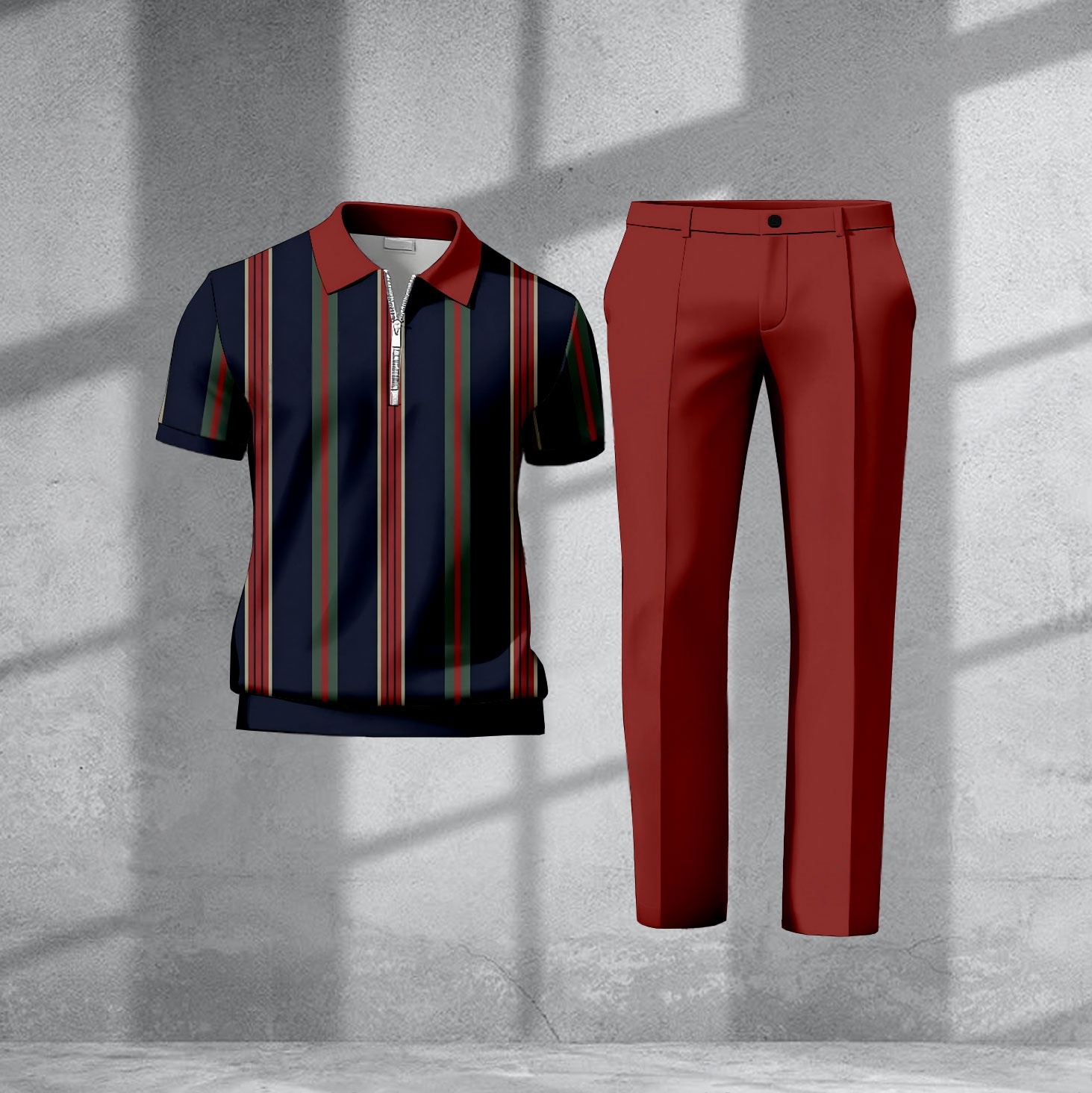 Men's Casual Deep Blue & Red Stripes Printed Polo Short-Sleeve Zip-Up Top And Pants Two-Piece Set