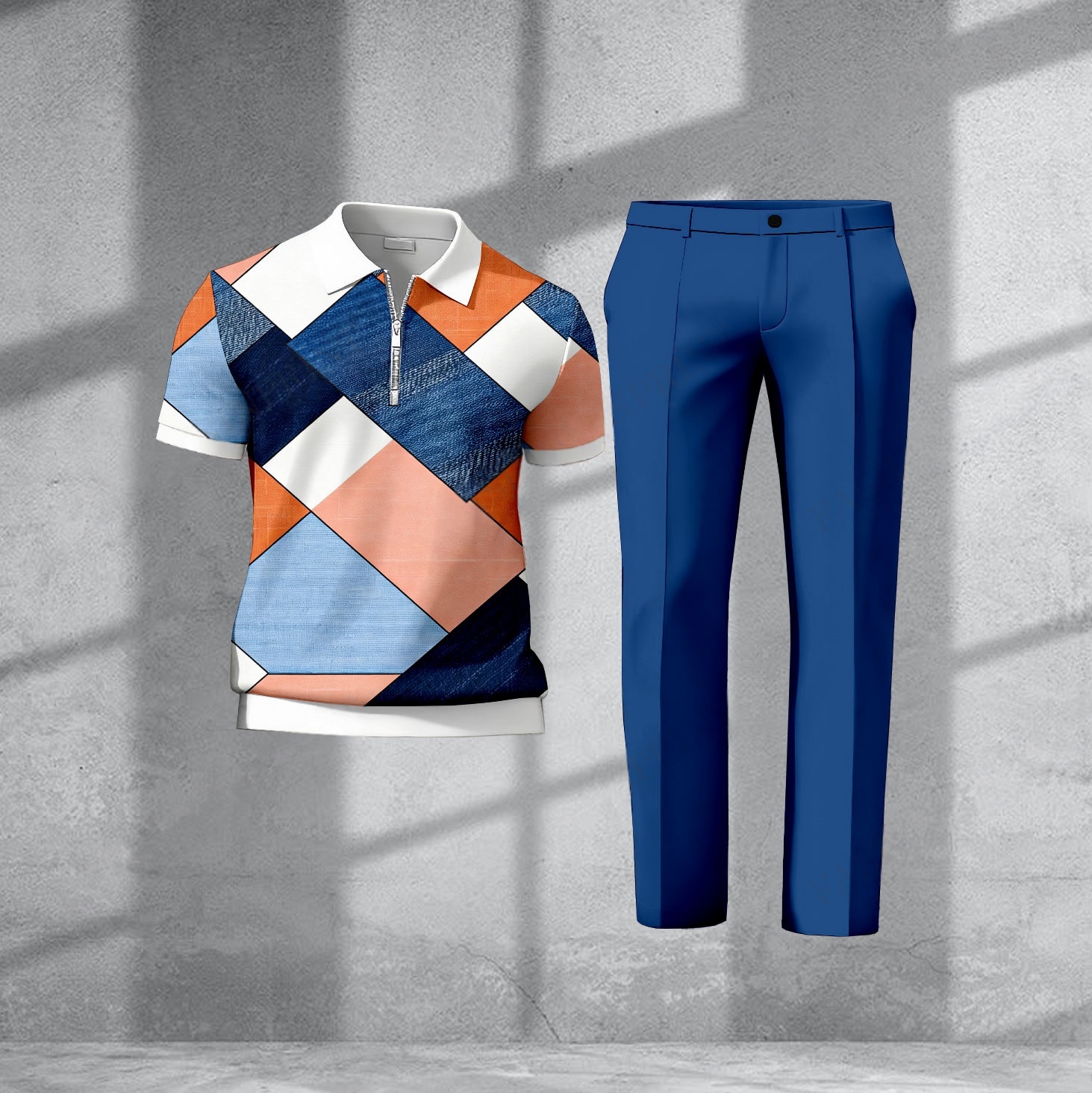 Men's Casual Geometry Printed Polo Short-Sleeve Zip-Up Top And Pants Two-Piece Set