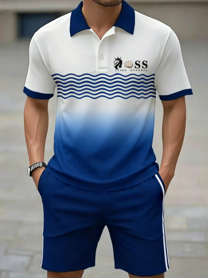 Men's Retro Letter Design Casual Business Short Sleeve Polo Shirt Suit