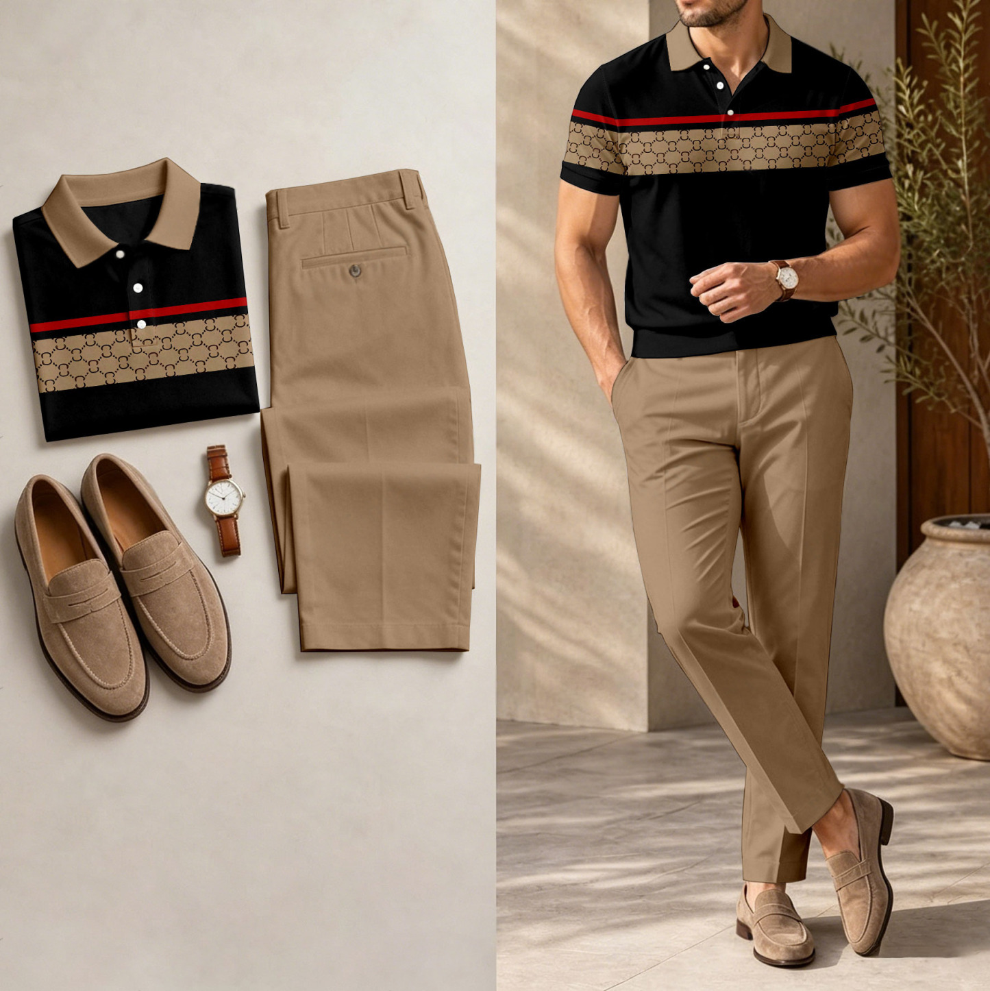 Men's Casual Printed Polo Shirt And Pants Two-Piece Set