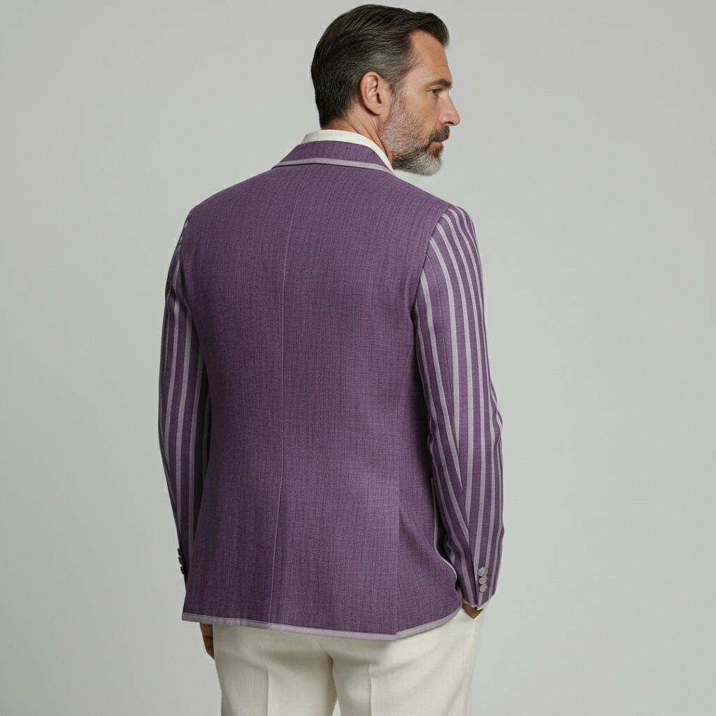 Men's Business Casual Purple Contrast Binding Peak Lapel Double Breasted Striped Long Sleeve Blazer