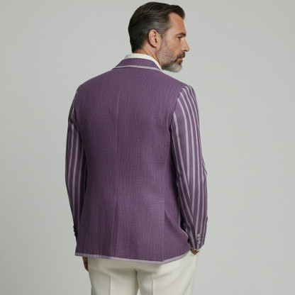 Men's Business Casual Purple Contrast Binding Peak Lapel Double Breasted Striped Long Sleeve Blazer