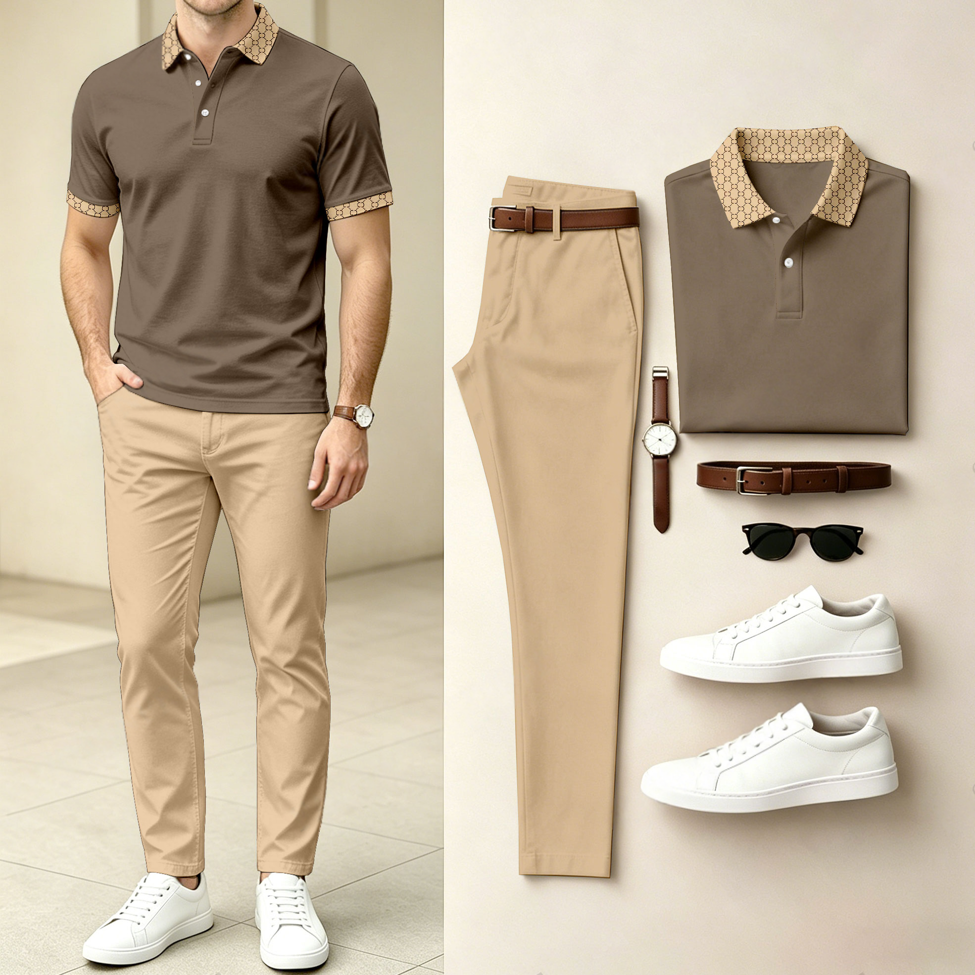 Men's Casual Printed Short-Sleeve Polo Shirt And Pants Set (Excluding Accessories Such As Watches And Belts)