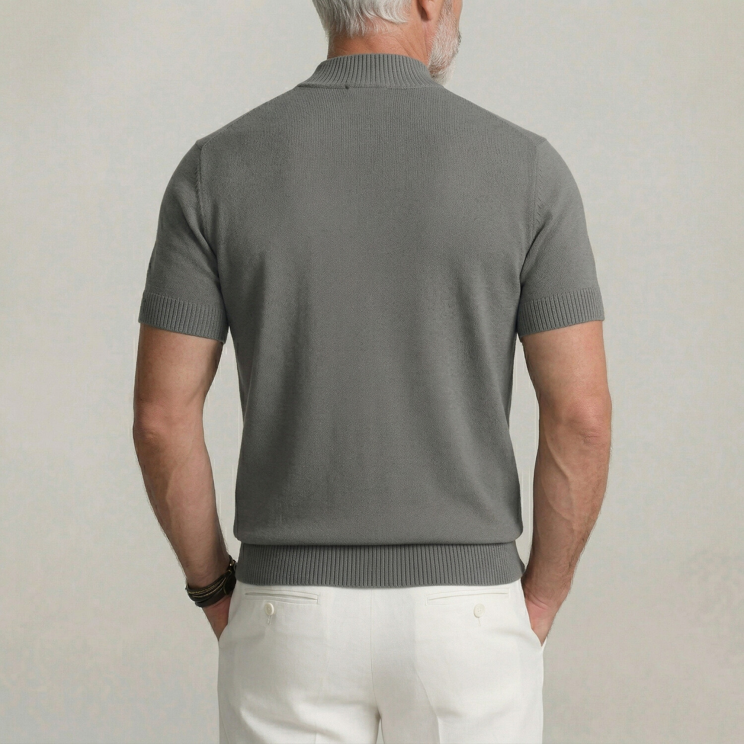 Men's Plain Ribbed Trim Crew Neck Slim Fit Knitted Short Sleeve T-Shirt