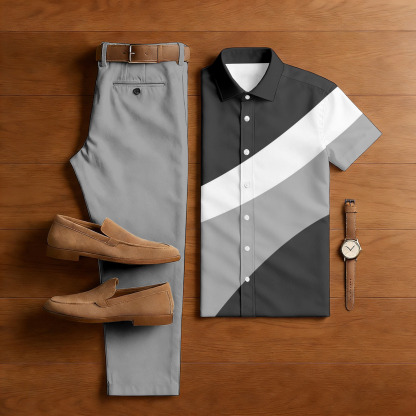 Men's Casual Gray Color Matching Geometric Printed Short Sleeved Shirt & Trousers Two-Piece Set
