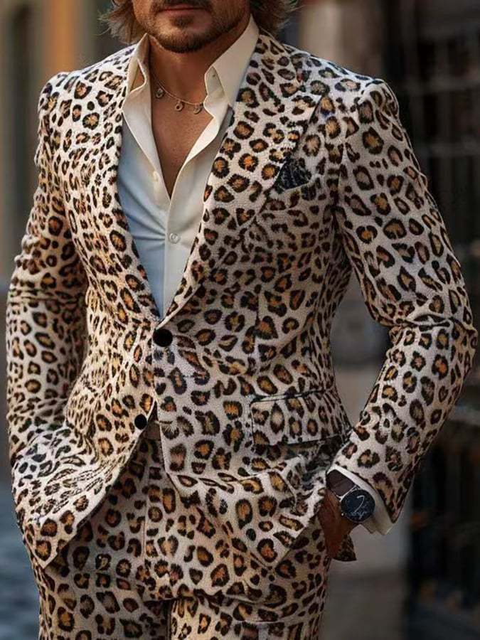 Men's Retro Single Breasted Leopard Gentleman Business Suit Jacket