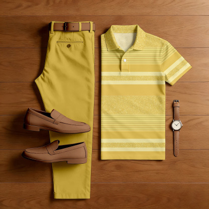 Men's Casual Yellow Color Matching Striped Printed Short Sleeved Polo Shirt & Trousers Two-Piece Set
