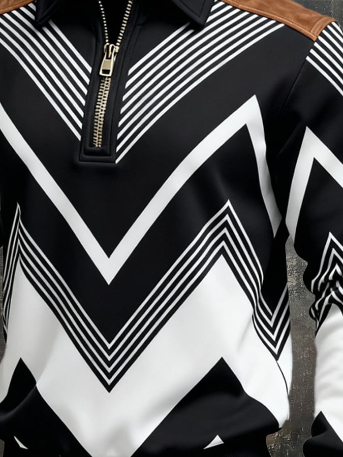 Men's Retro Color Block Print Zipper Sweatshirt