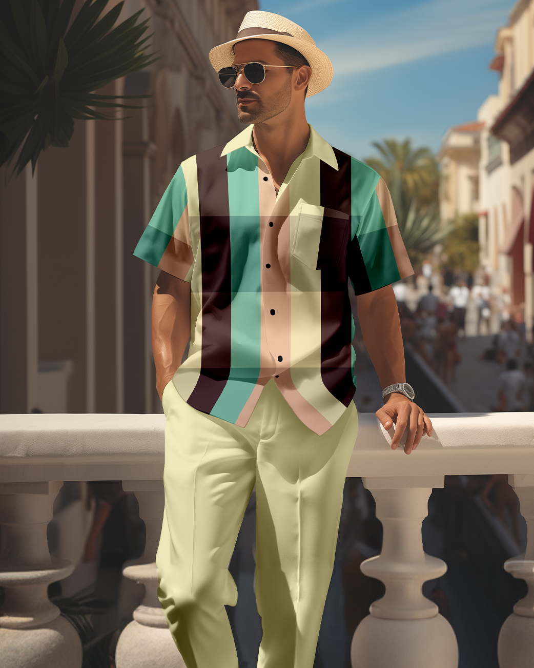 Men's retro colorblock short-sleeved shirt walking Suit 1699