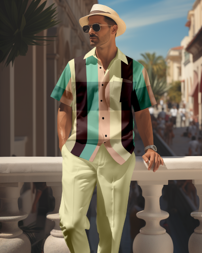 Men's retro colorblock short-sleeved shirt walking Suit 1699