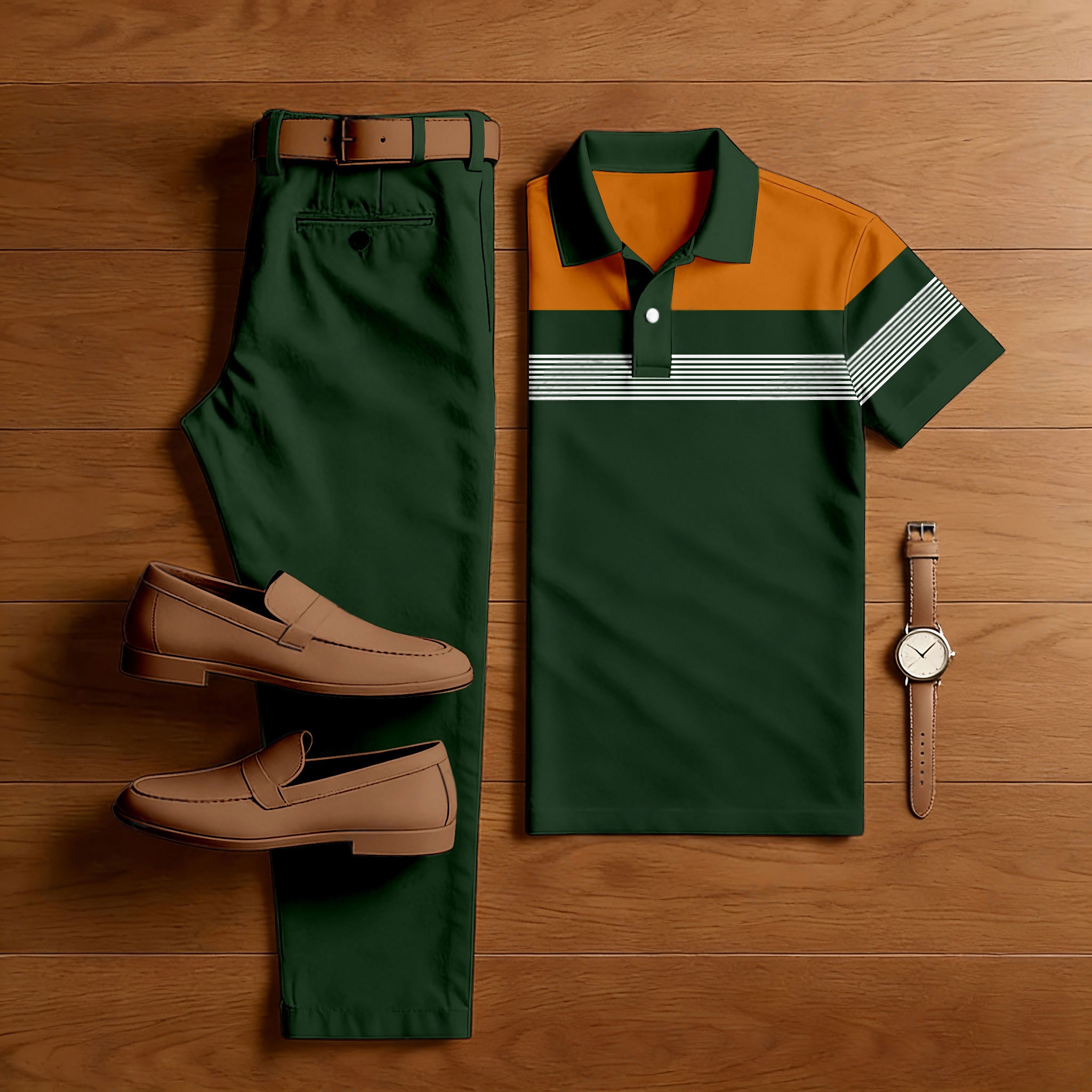 Men's Casual Green & Orange Color Matching Printed Short Sleeved Polo Shirt & Trousers Two-Piece Set