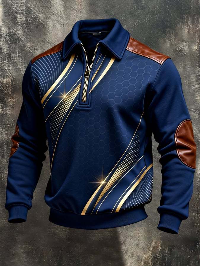 Men's Retro Color Block Print Color-Blocked Zip-Up Sweatshirt