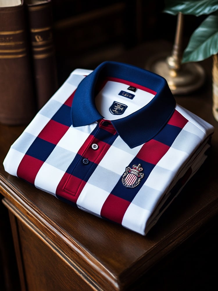 Men's Classic Business Check Logo Button Short Sleeve Polo Shirt