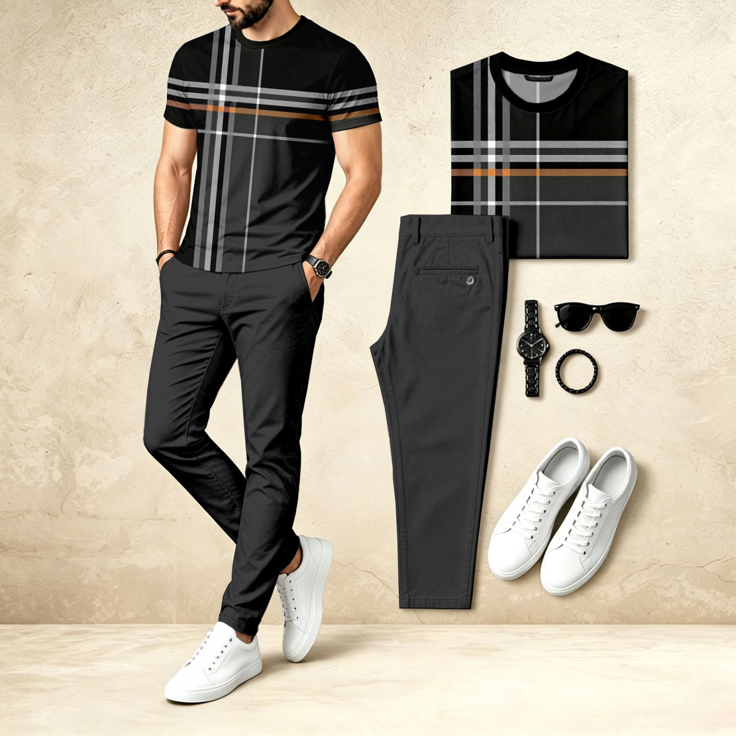 Men's Casual Two-Piece Set: Black Vertical Stripes Printed Crew Neck Short-Sleeve Top & Long Pants