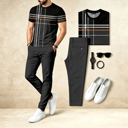 Men's Casual Two-Piece Set: Black Vertical Stripes Printed Crew Neck Short-Sleeve Top & Long Pants