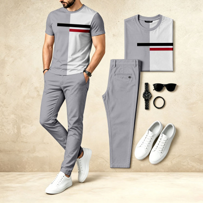 Men's Casual Two-Piece Set: Gray Geometry Printed Crew Neck Short-Sleeve Top & Long Pants