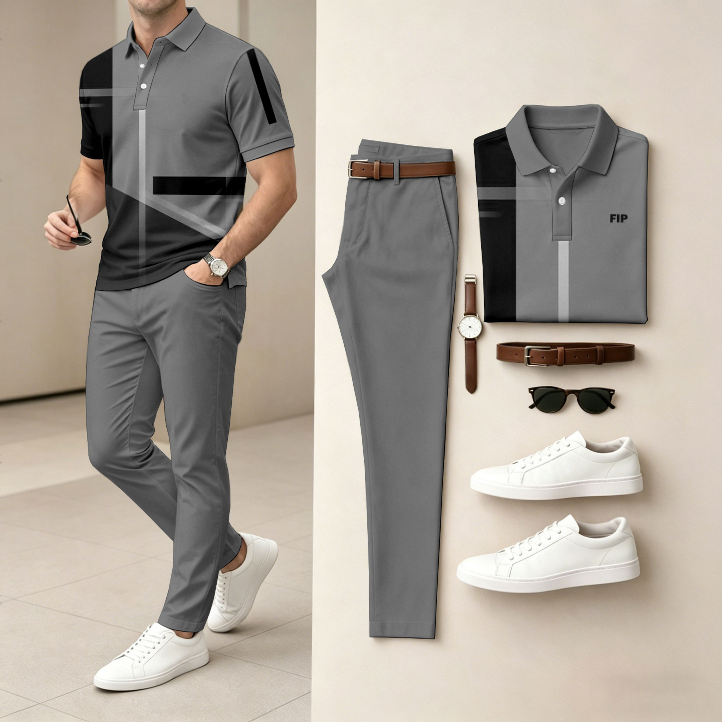 Men's Casual Dark Gray Geometry Printed Polo Shirt And Pants Two-Piece Set