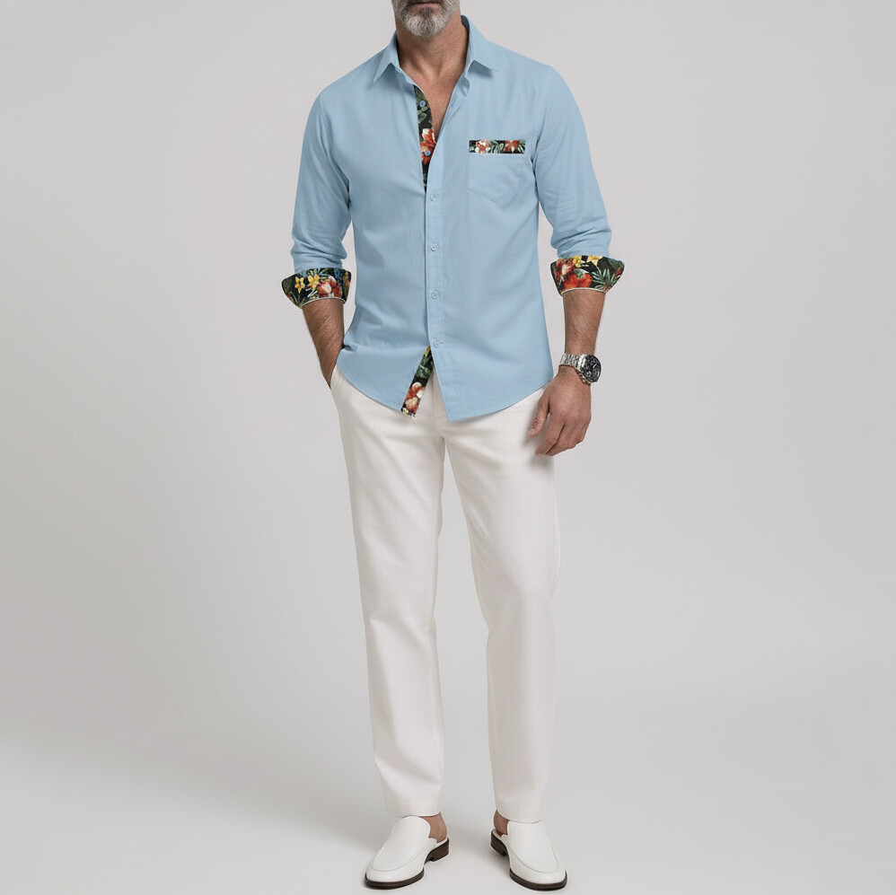 Men's Tropical Floral Print Contrast Trim Patch Pocket Vacation Long Sleeve Shirt