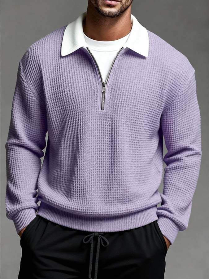 Men'S Vintage Waffle-Knit Casual Outdoor Long-Sleeved Polo Shirt