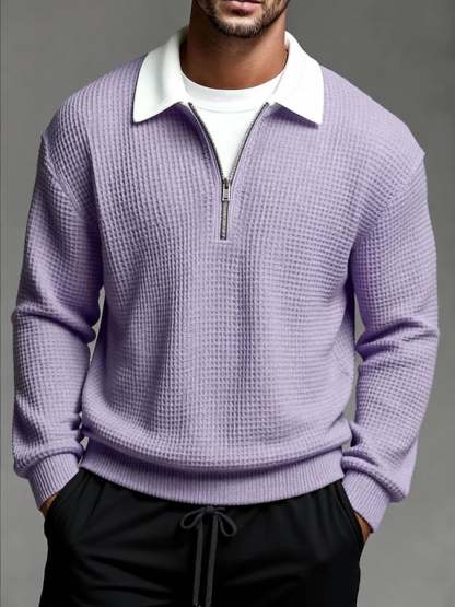 Men'S Vintage Waffle-Knit Casual Outdoor Long-Sleeved Polo Shirt