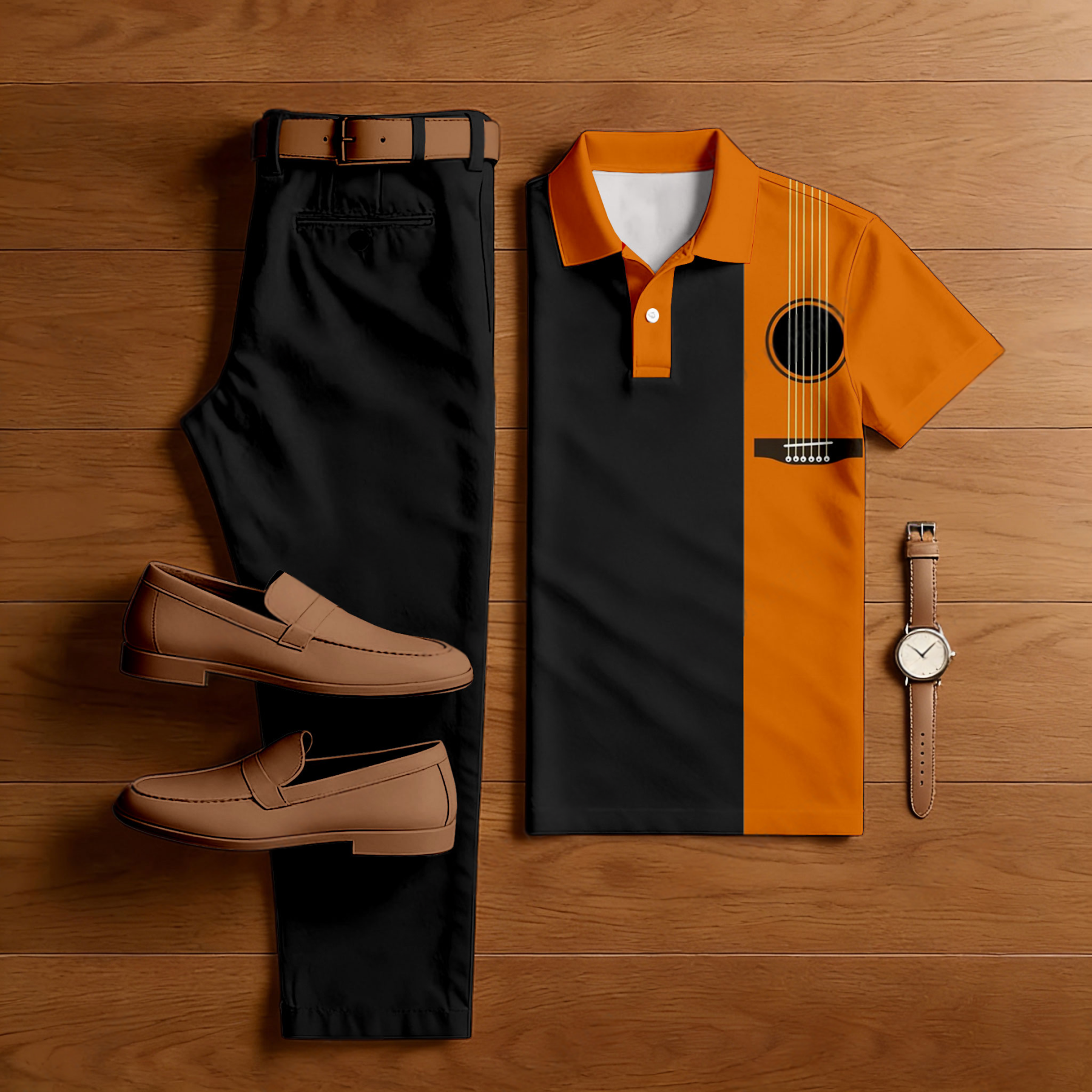 Men's Casual Orange & Black Color Matching Geitar Printed Short Sleeved Polo Shirt & Trousers Two-Piece Set