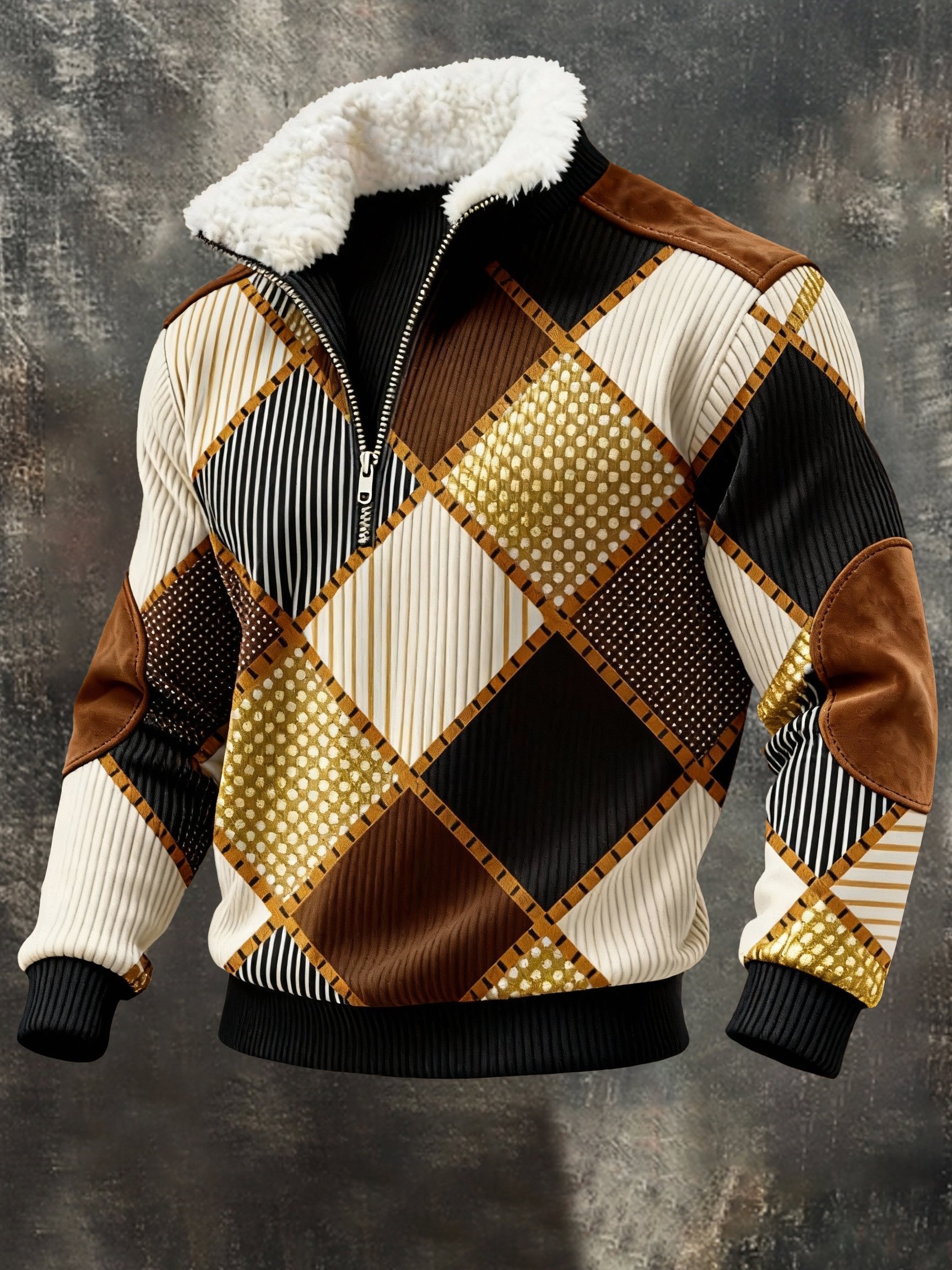 Men's Retro Color Block Print Fur Collar Sweatshirt