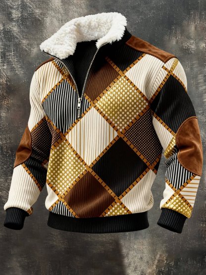 Men's Retro Color Block Print Fur Collar Sweatshirt
