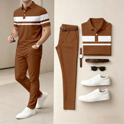 Men's Casual Dark Brown Geometric Printed Polo Shirt And Pants Two-Piece Set