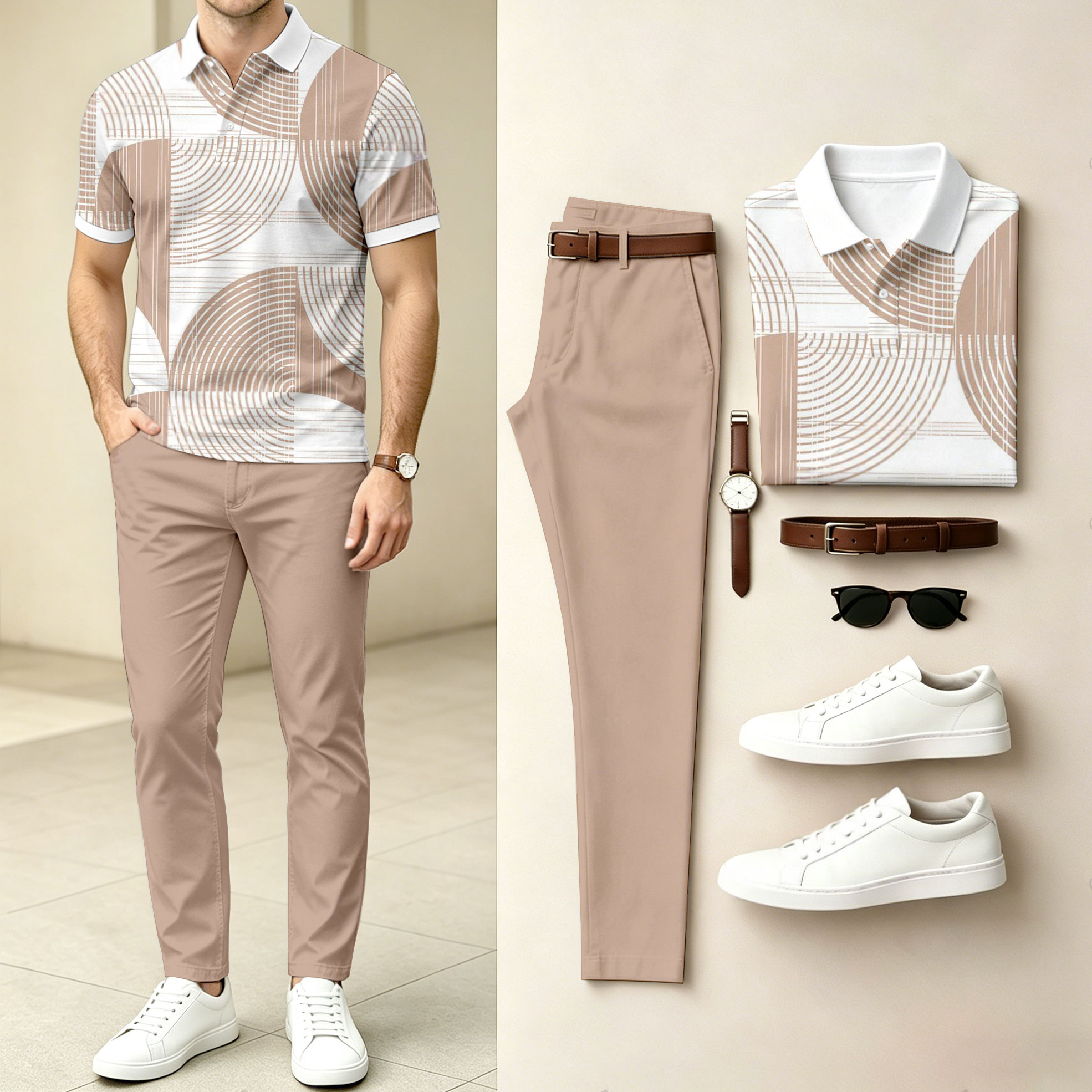 Men's Casual Geometric Print Short-Sleeve Polo Shirt And Pants Set (Excludes Accessories Such As Watches And Belts)