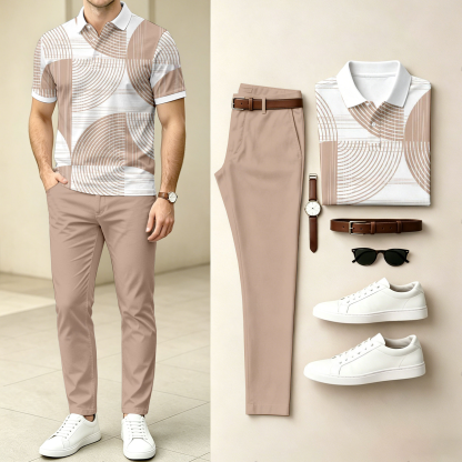 Men's Casual Geometric Print Short-Sleeve Polo Shirt And Pants Set (Excludes Accessories Such As Watches And Belts)